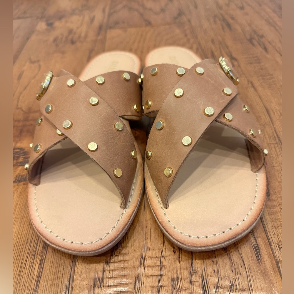 Diba True Nordstrom NO TISS Tan/Gold Leather Sandal Slides, Size 8 NWB
